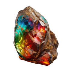 A vibrant rainbow stone mineral is displayed against a transparent background, exhibiting a stunning spectrum of colors from deep purples and blues to warm red and yellow hues. Generative AI