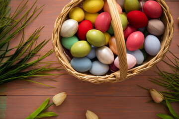 Easter joy captured in picturesque frame. Colorful eggs. Easter photo. Background. Celebration. 