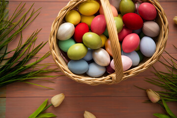 Easter joy captured in picturesque frame. Colorful eggs. Easter photo. Background. Celebration. 