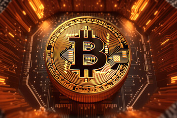 Bitcoin on circuit board background. Cryptocurrency concept