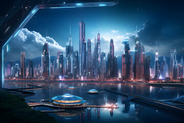A futuristic city at night with a stunning sky 