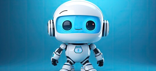 White cute robot with hands with blue light background.