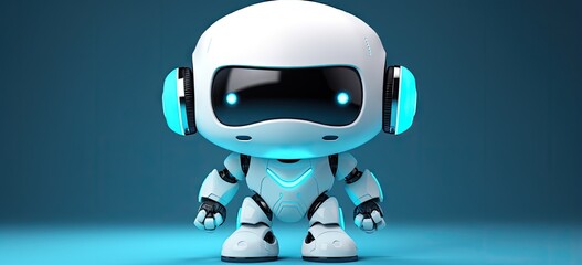 White cute robot with hands with blue light background.