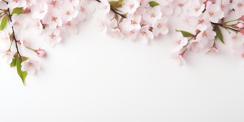 Fototapeta na wymiar Elegantly arranged sakura blossoms create a soft, enchanting flat lay, offering a gentle embrace to an inviting empty space.