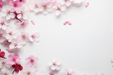 Elegantly arranged sakura blossoms create a soft, enchanting flat lay, offering a gentle embrace to an inviting empty space. - obrazy, fototapety, plakaty