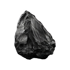 An image depicting a raw black stone mineral. The mineral has sharp edges and an irregular shape with shining facets. It's on a transparent background. Generative AI