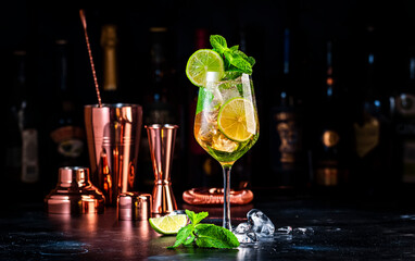 Hugo spritz cocktail drink with sparkling wine, elderflower syrup, soda, lime, mint and ice, dark...