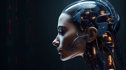 The head of a robot with the face of a woman on a dark background, the future in the technology of connecting people and machines
