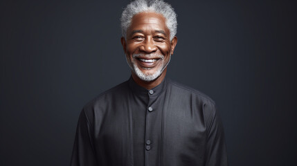 Obraz premium Aged Black men with greying hair, grinning on a neutral gray surface.