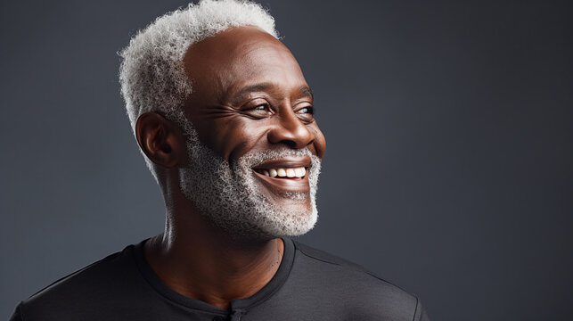 Older Black males with silver hair, smiling down on a background of gray.