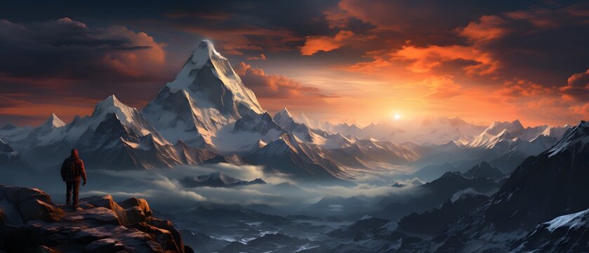 a climber ona group mountaineer looking at peak they are trying conquer, everest everest summit 