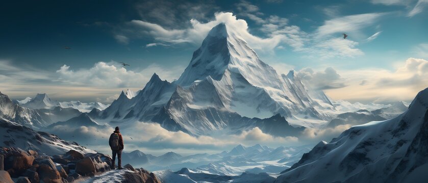 a climber ona group mountaineer looking at peak they are trying conquer, everest everest summit 