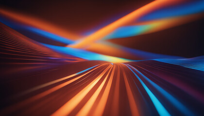  3D render with an abstract multicolor spectrum background, orange, blue, and glowing lines in various colors