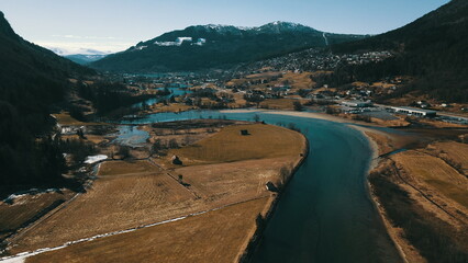 Aerial view of the village of Stryn, Norway (Stryn river).
