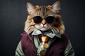 Cool and Successful Hipster Cat Posing with Cash on Gray