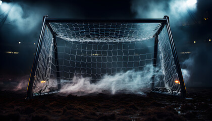 Sports goal with net on dark background in fog and smoke. Football goal.