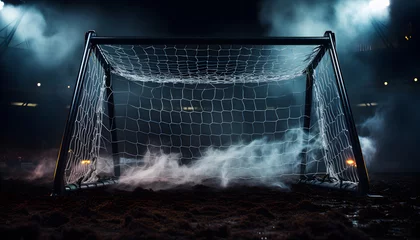Fototapeten Sports goal with net on dark background in fog and smoke. Football goal. © AB-lifepct