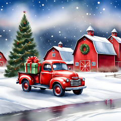 Christmas card vintage red truck with gifts, farmhouse, barn, Christmas tree. Winter Watercolor illustration