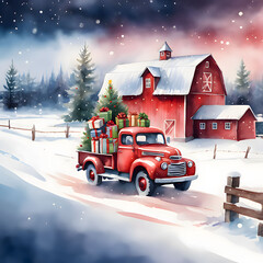 Christmas card vintage red truck with gifts on the farm near the barn, Christmas tree. Winter Watercolor illustration