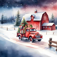 Fototapeten Christmas card vintage red truck with gifts on the farm near the barn, Christmas tree. Winter Watercolor illustration © Evgeniia