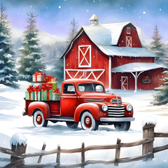 Christmas card vintage red truck with gifts on the farm near the barn, Christmas tree. Winter Watercolor illustration