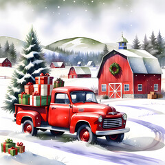 Christmas retro red  truck with gifts. Winter old barn on the farm. Watercolor Christmas Card Illustration 