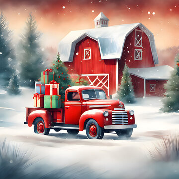 Christmas  vintage red truck with gifts, farmhouse, barn, Christmas tree illustration. Winter Watercolor Card
