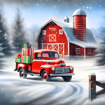 Christmas Vintage red  truck with gifts. Winter old barn on the farm, watercolor illustration. 