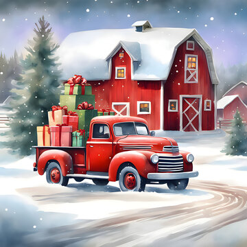 Christmas Vintage red  truck with gifts on the farm. Winter old barn, watercolor illustration. 