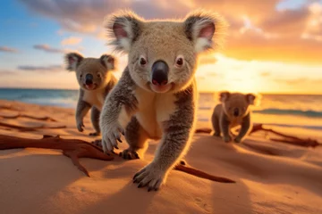 Poster Curious koalas on a beautiful beach at sunset © fogaas
