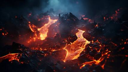 Lava Flow Erupting Volcano Magma Burning Flames Soil Ashes Smokes Molten Natural Disaster on Fire Hazard Destroying Eruption Hot Deadly Killing - obrazy, fototapety, plakaty