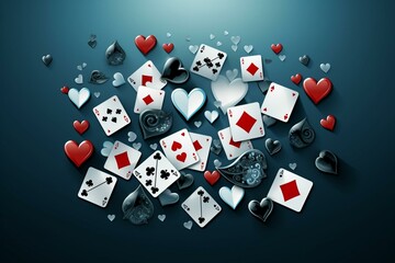 Spades, clubs, hearts, diamonds on blue-gray background. Generative AI