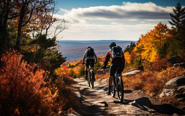 Obraz premium Wellness and sport activity in autumn, Two cyclists riding along an autumn forest road, back view