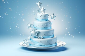 White plate holds a 3D illustration of a blue three-tiered wedding cake decorated with silver stars and balls. Generative AI