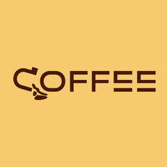 Design of the word coffee with an illustration of a coffee drink spilling from a mug.