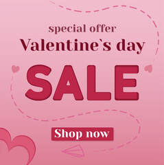 Valentine`s day sale banner in vector. Viva magenta heart shapes in paper cut style with paper plane