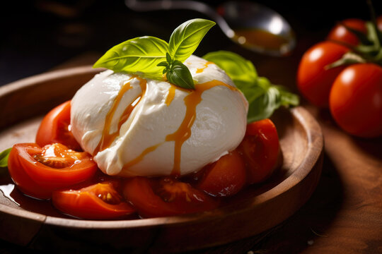 Burrata cheese with tomatoes, olive oil and fresh basil on dark wooden background. Traditional Italian food.
