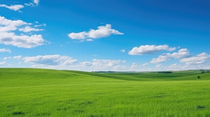 Fototapeta na wymiar Beautiful natural scenic panorama green field of cut grass into and blue sky with clouds on horizon.