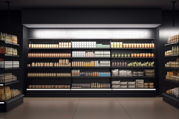 Supermarket shelves with banner. Shelf display mock-up. 3D rendering. Generative AI - obrazy, fototapety, plakaty