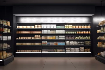 Fotobehang Supermarket shelves with banner. Shelf display mock-up. 3D rendering. Generative AI © Kaida