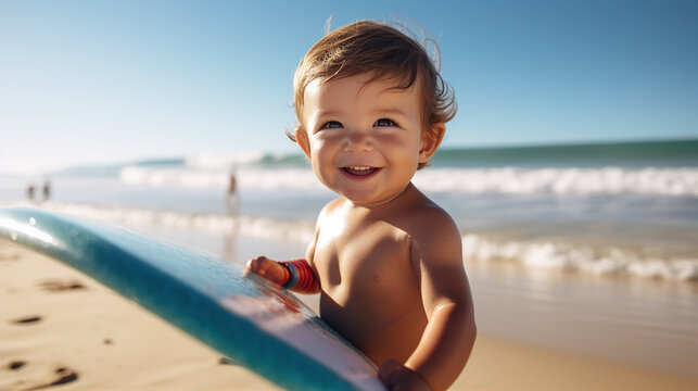 A baby in beach attire poses with a surfboard