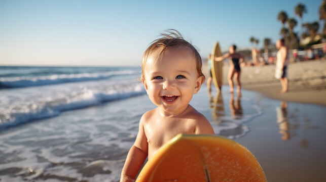 A baby in beach attire poses with a surfboard