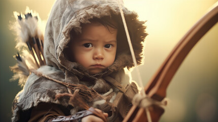 Fototapeta premium Wrapped in archery-themed attire, a baby holds a soft bow and arrow