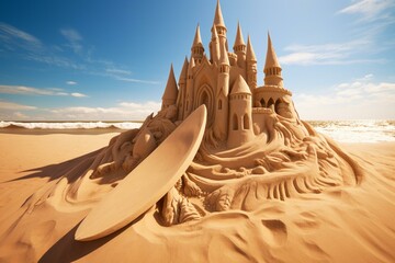A sand castle with a surfboard. Generative AI - obrazy, fototapety, plakaty