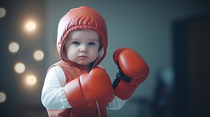 Dressed in boxing gloves, a baby poses with a plush punching bag