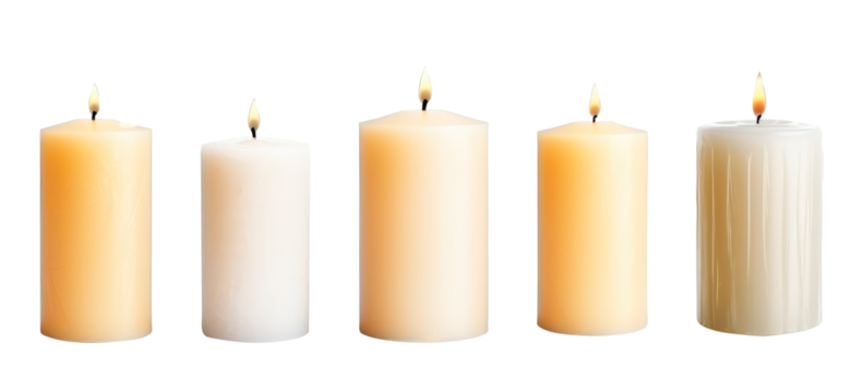 Set of different candles on transparent background. The candles are different designs. 