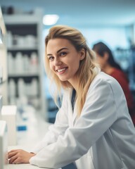 Fototapeta premium Young woman pharmacist smiling confident standing at pharmacy