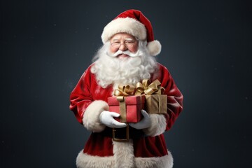 Close up photo of positive cheerful santa claus looking in camera wearing a red costume hat 