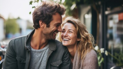 Obraz premium Happy couple on vacation. Lovers are laughing. Happy guy and girl. Lovers enjoy each other outdoor.