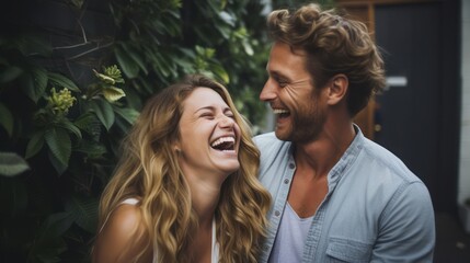 Happy couple on vacation. Lovers are laughing. Happy guy and girl. Lovers enjoy each other outdoor.